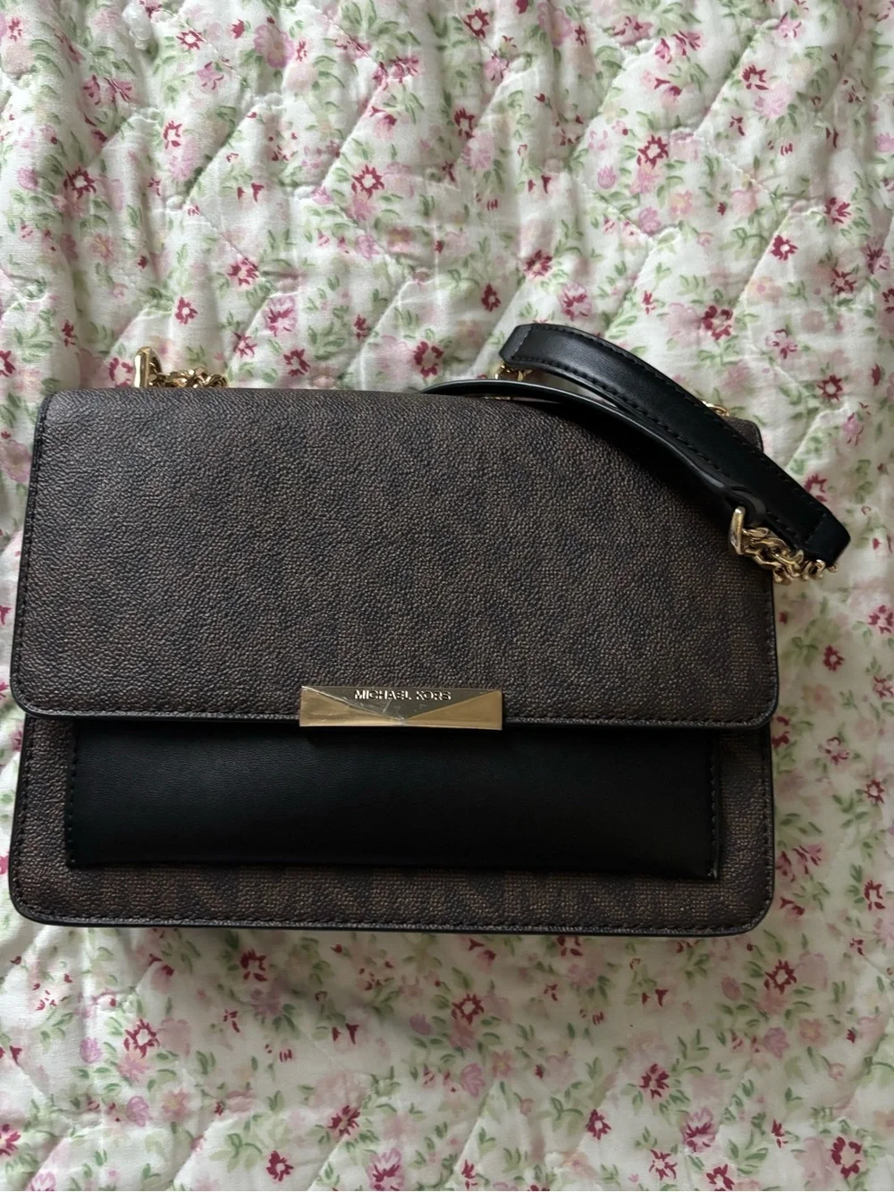 Michael Kors Brown Monogram and Black Leather Chain Crossbody